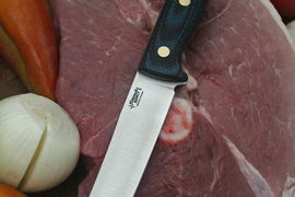 Туристический нож Meat Master Bohler N690, накладки micarta Черно-Синяя, оружейная насечка