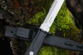 Тактический нож Leshiy (Леший) Serrated AUS-8 Stone Wash, Black Elastron