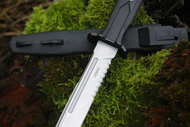 Тактический нож Leshiy (Леший) Serrated AUS-8 Stone Wash, Black Elastron