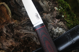 Туристический нож Удобный Эксперт Elmax, рукоять micarta Красно-Черная, оружейная насечка